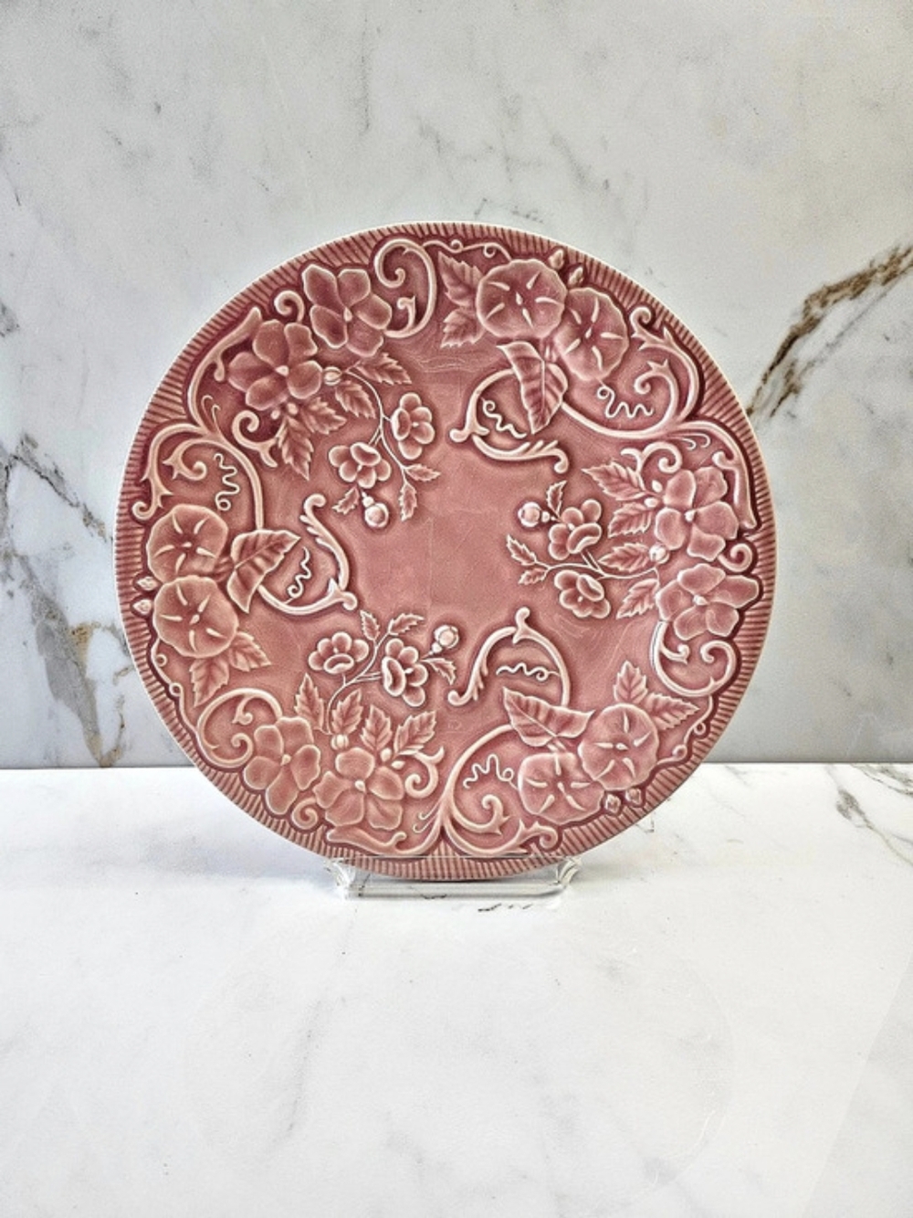 Vintage Bordallo Pinheiro Morning Glory Pink Wall Plate, 10 Inch Majolica Plate